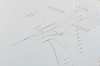 Visualização abstrata de redes neurais digitais e fluxos de dados em diferentes cores.